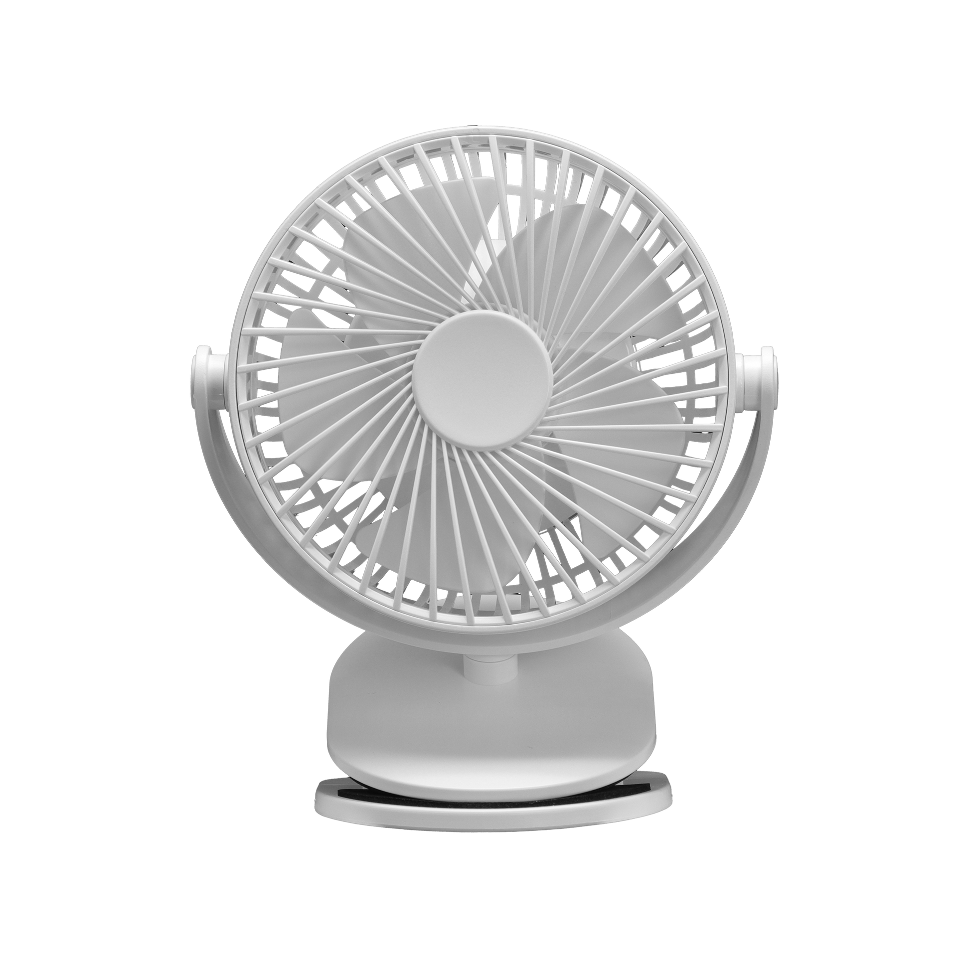 Ventilador sobremesa con pinza Peñafiel blanco de Fabrilamp, vista frontal.