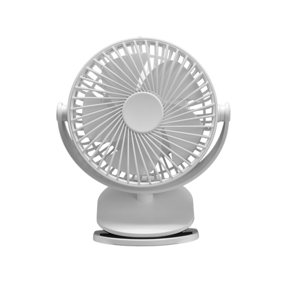 Ventilador sobremesa con pinza Peñafiel blanco de Fabrilamp, vista frontal.