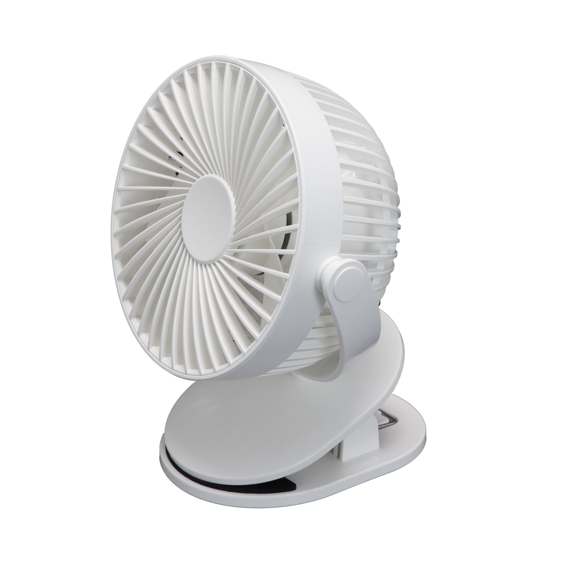 Ventilador sobremesa con pinza Peñafiel blanco de Fabrilamp, vista frontal.