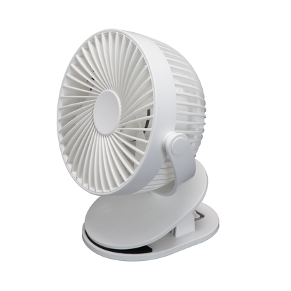 Ventilador sobremesa con pinza Peñafiel blanco de Fabrilamp, vista frontal.