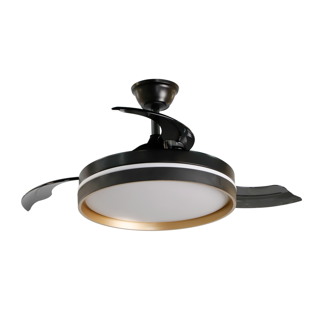 Ventilador de techo negro y oro con función verano/invierno