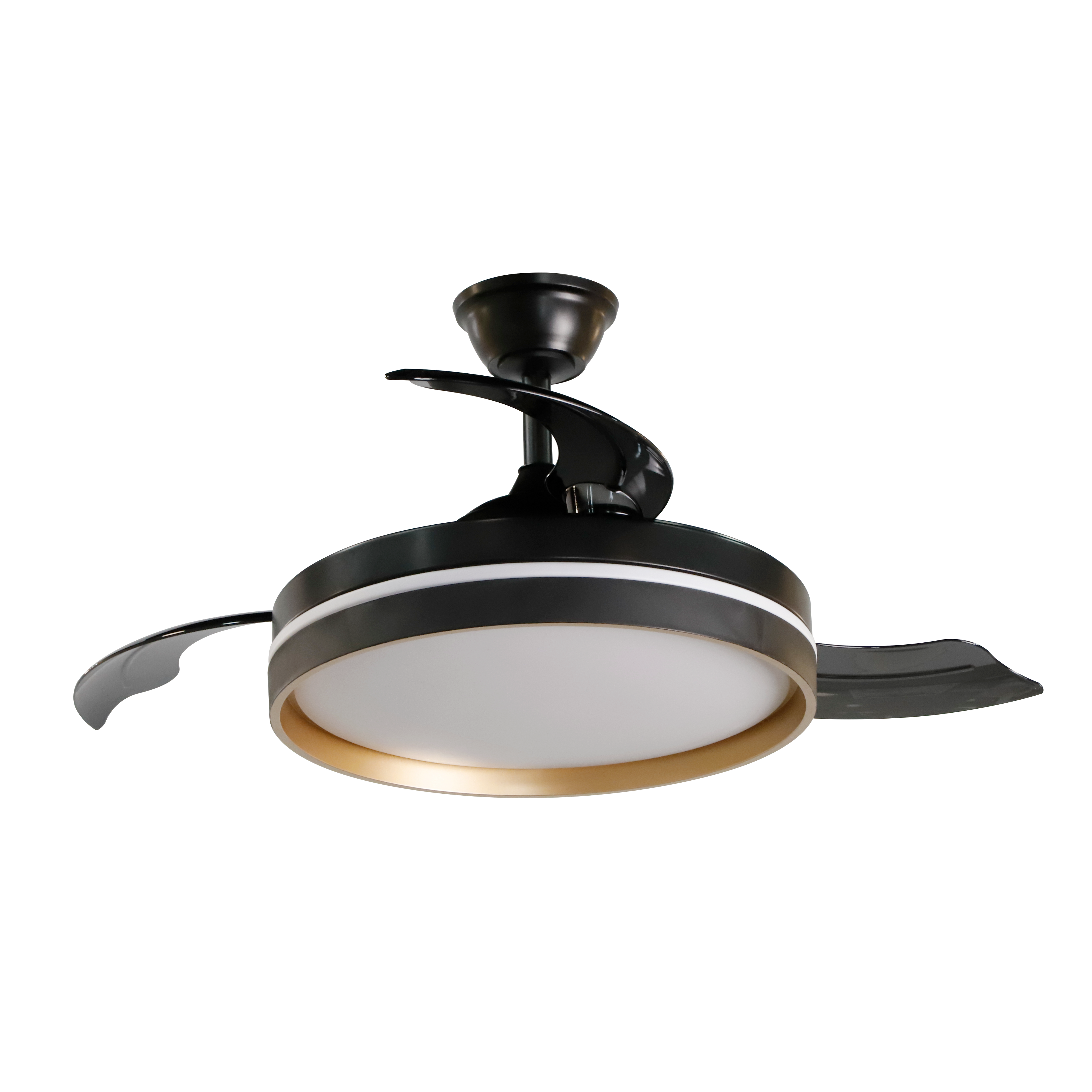 Ventilador de techo negro y oro con función verano/invierno