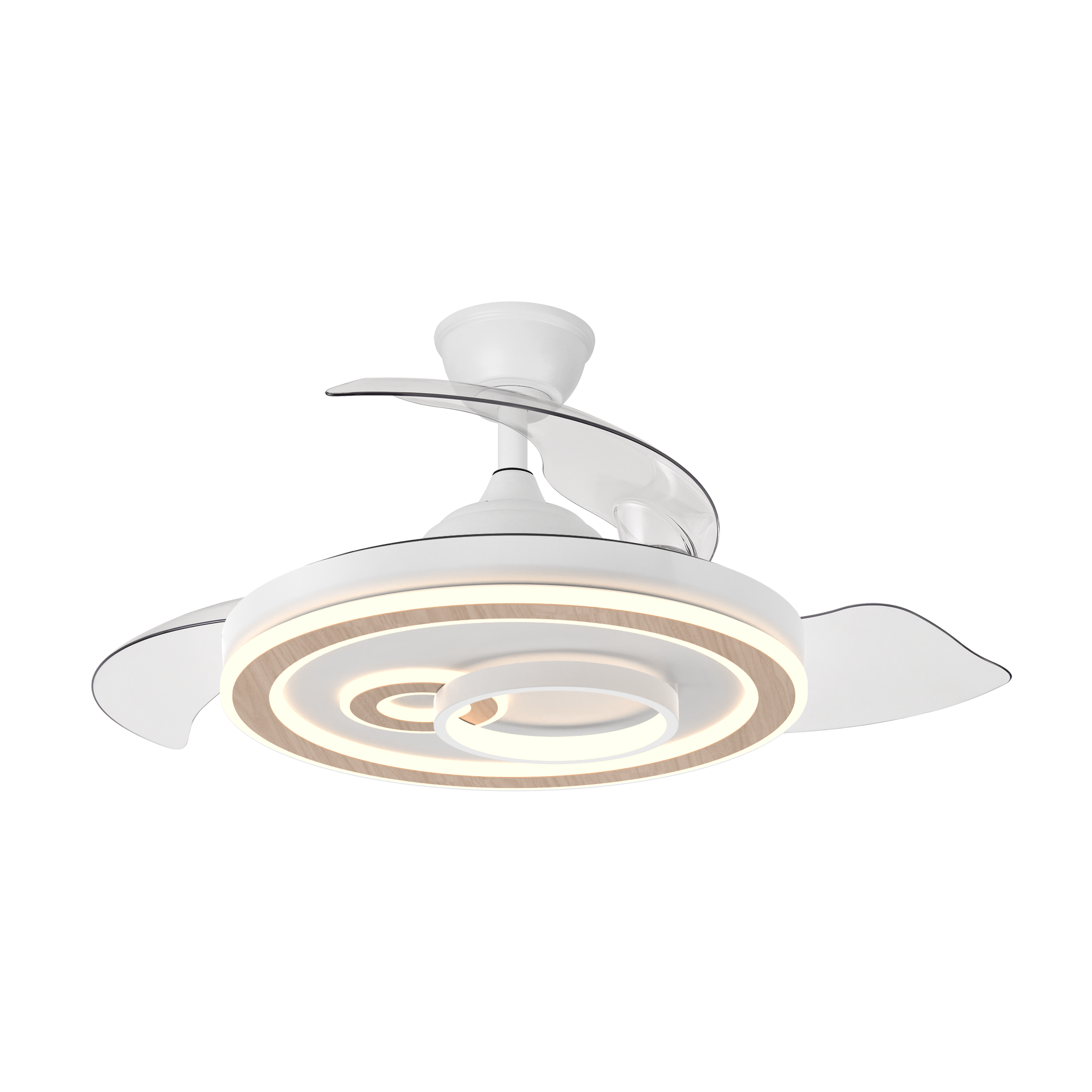 Ventilador DC Sultan Blanco/Haya con aspas desplegadas, mostrando su diseño moderno y elegante.