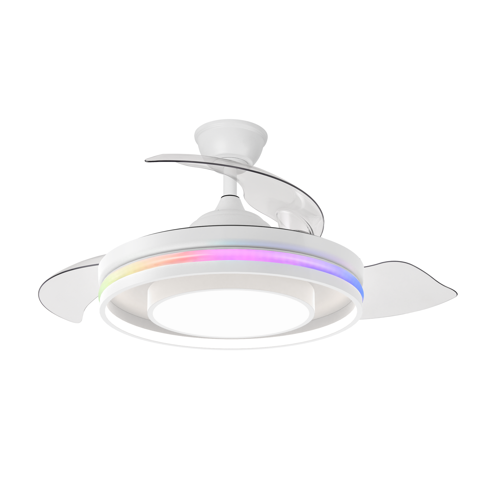 Ventilador Pitufo Blanco/Haya con aspas desplegadas, mostrando su diseño moderno y luces RGB.