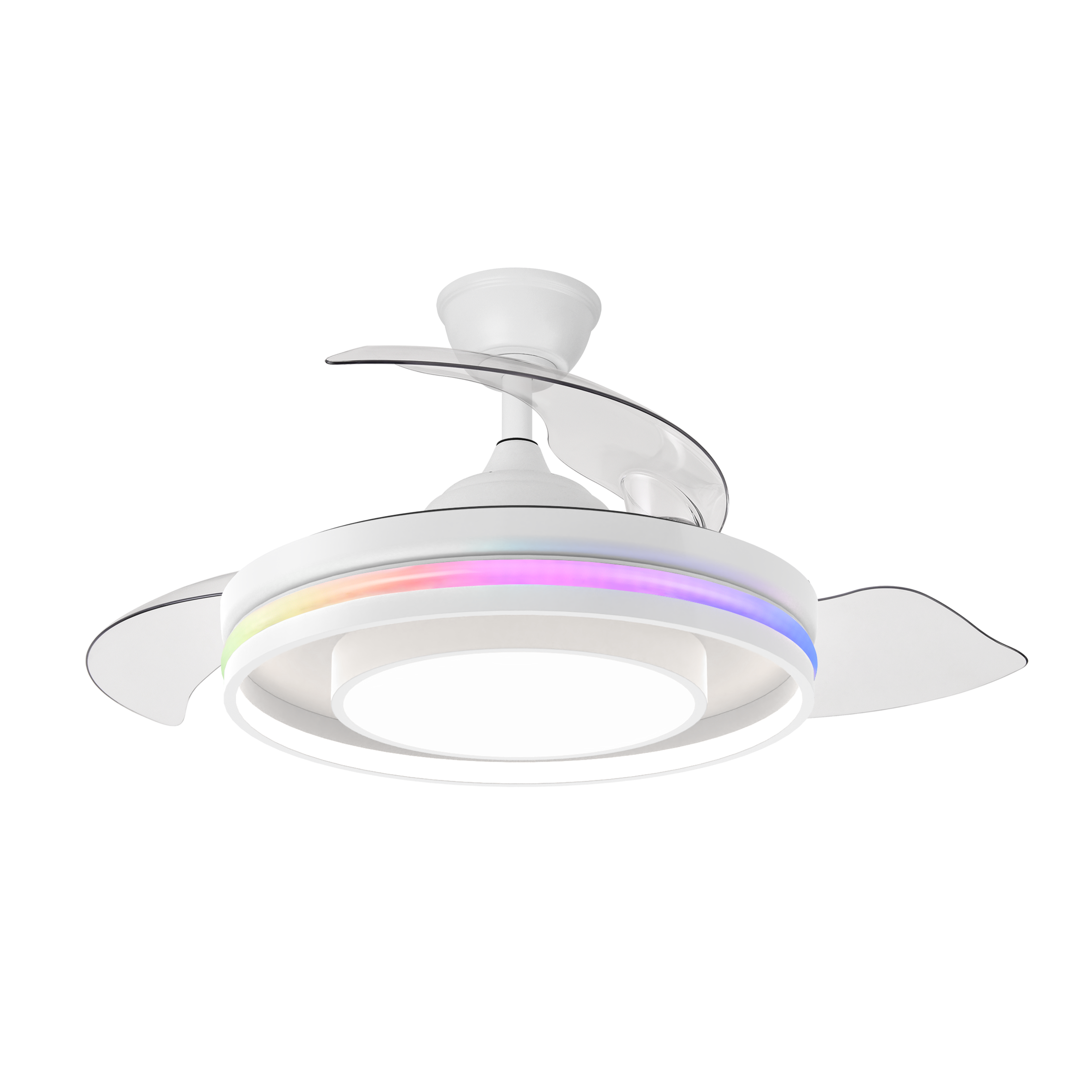Ventilador Pitufo Blanco/Haya con aspas desplegadas, mostrando su diseño moderno y luces RGB.