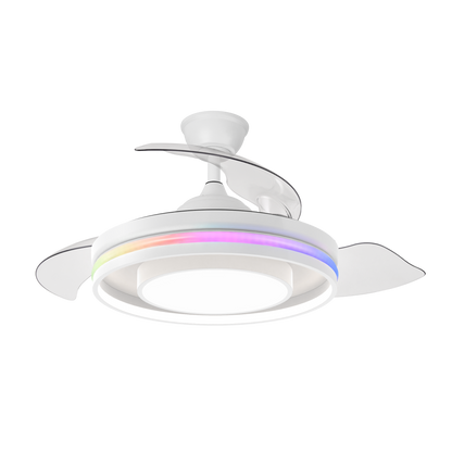 Ventilador Pitufo Blanco/Haya con aspas desplegadas, mostrando su diseño moderno y luces RGB.