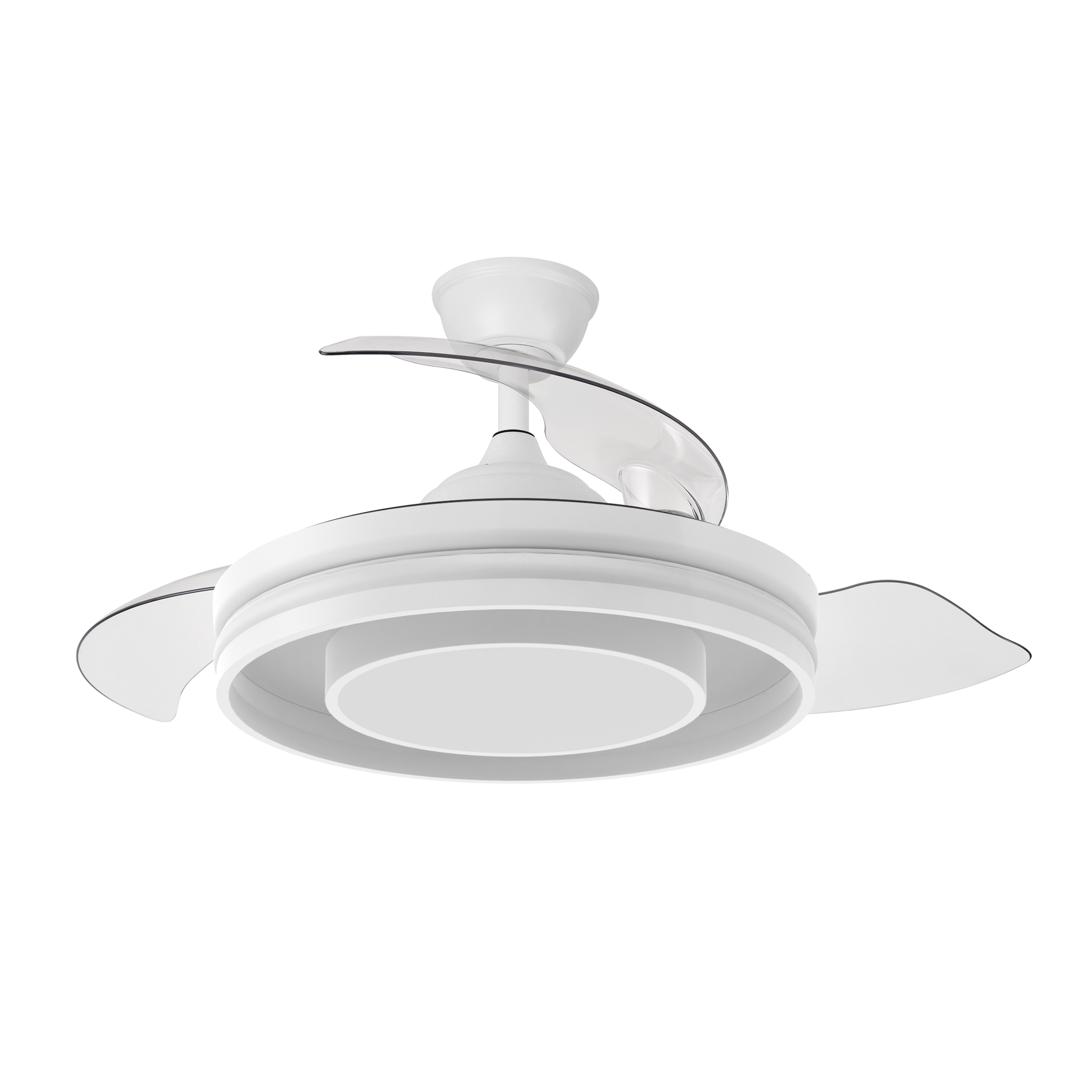 Ventilador Pitufo Blanco/Haya con aspas desplegadas, mostrando su diseño moderno y luces RGB.