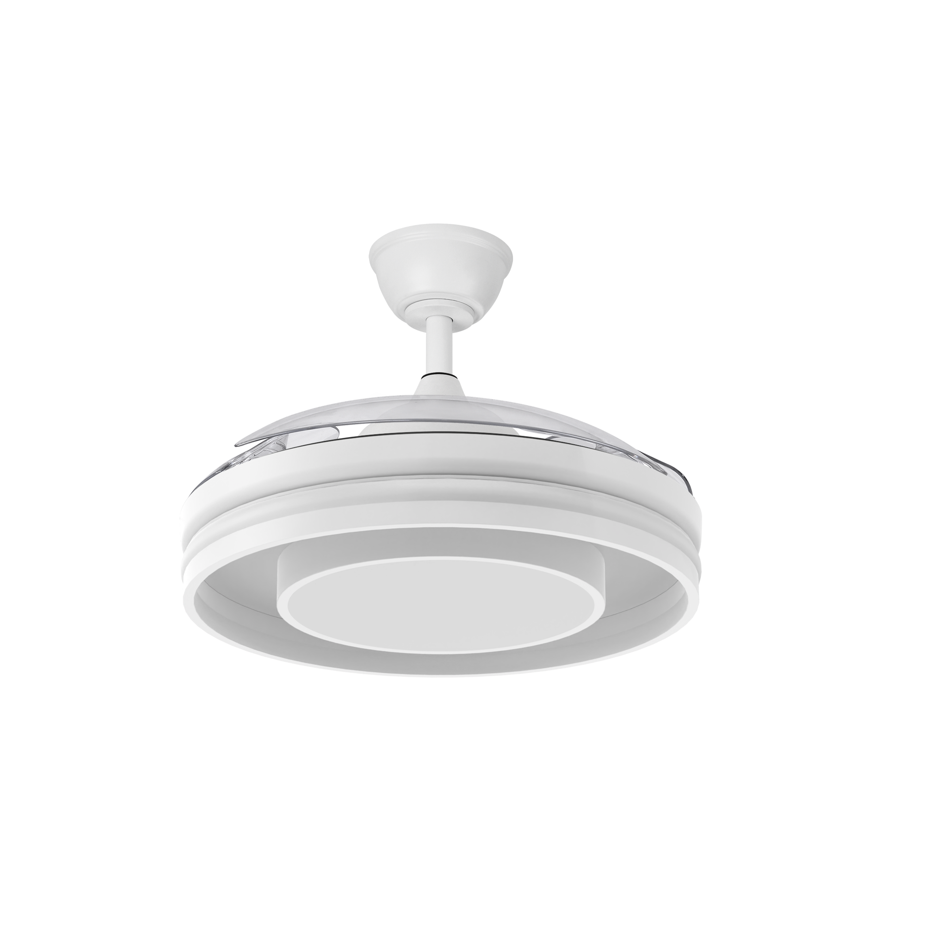 Ventilador Pitufo Blanco/Haya con aspas desplegadas, mostrando su diseño moderno y luces RGB.