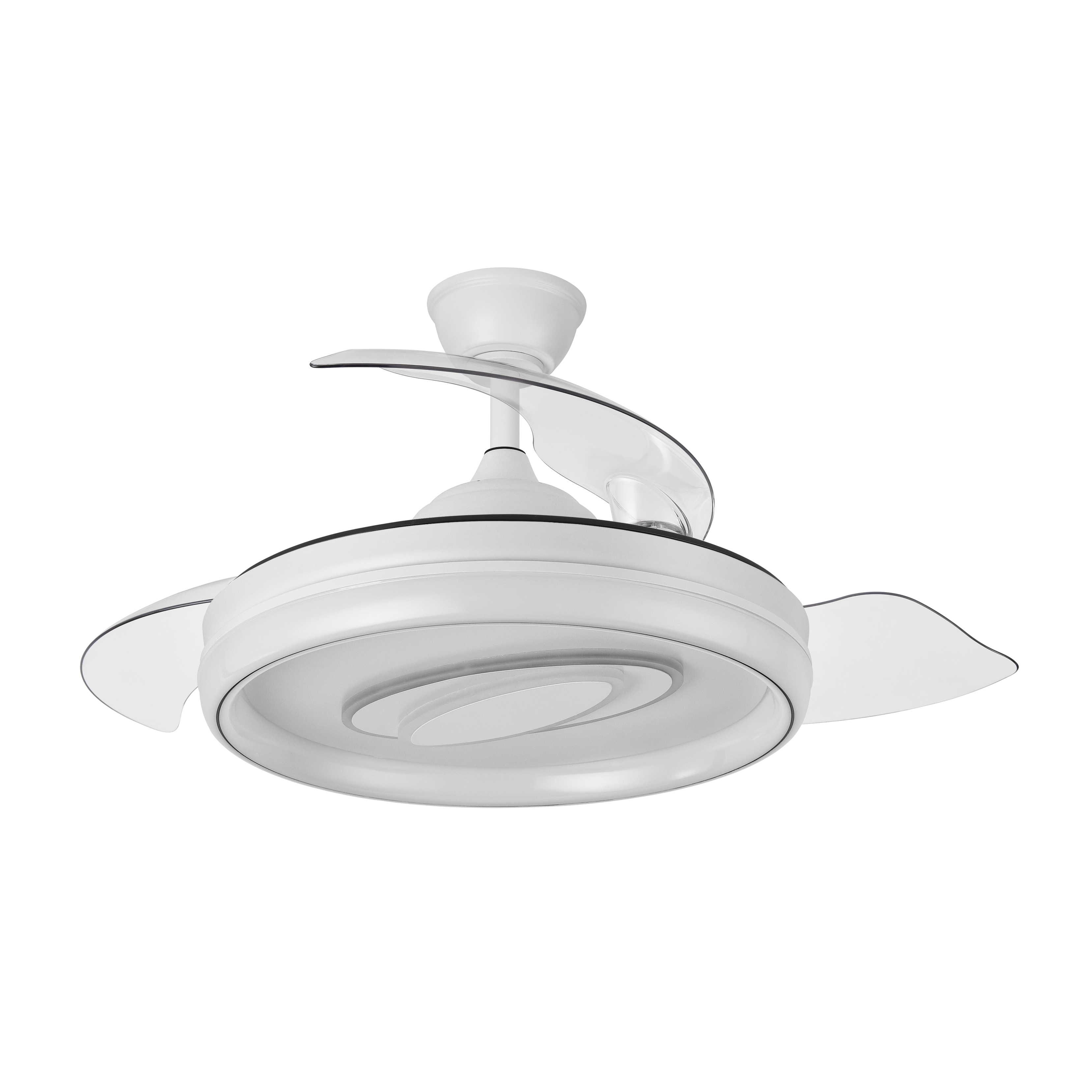 Ventilador DC Maracana 59W Blanco, vista frontal con aspas plegadas