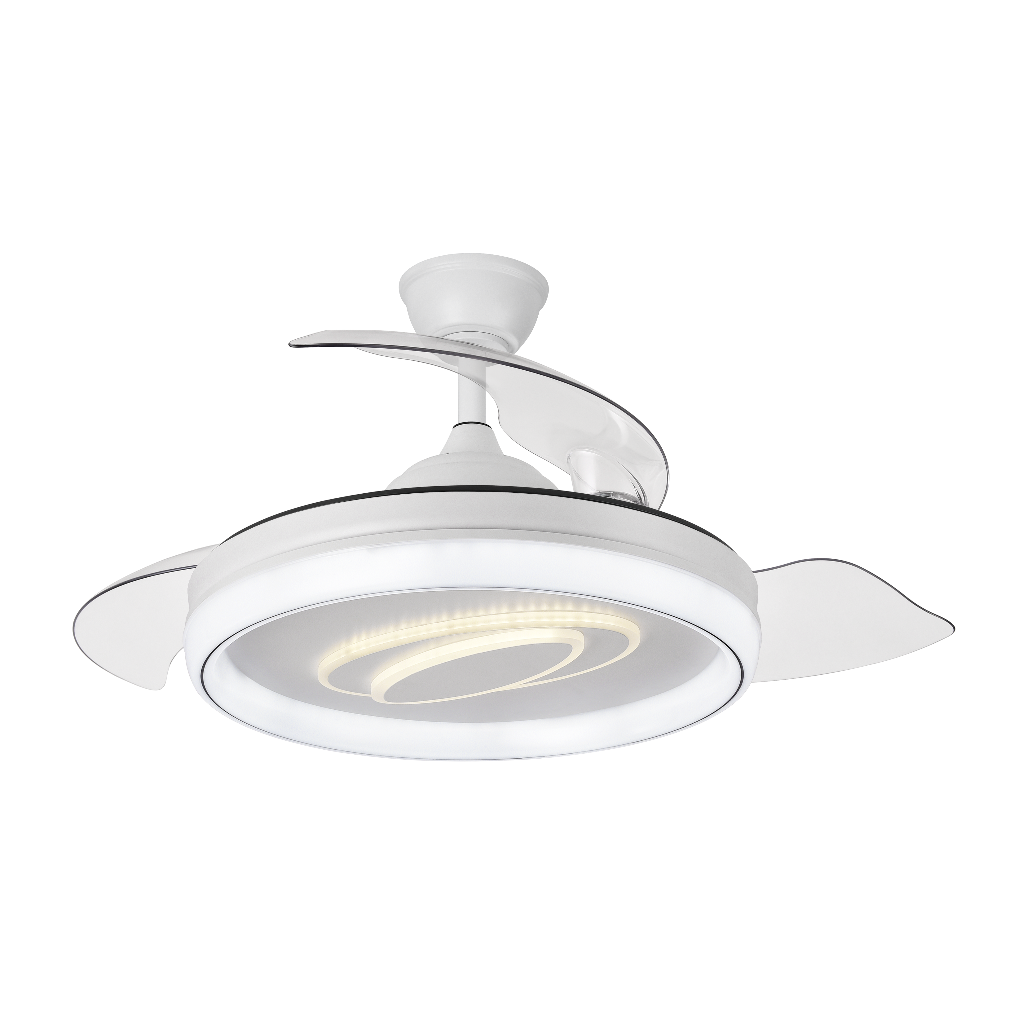 Ventilador DC Maracana 59W Blanco, vista frontal con aspas plegadas