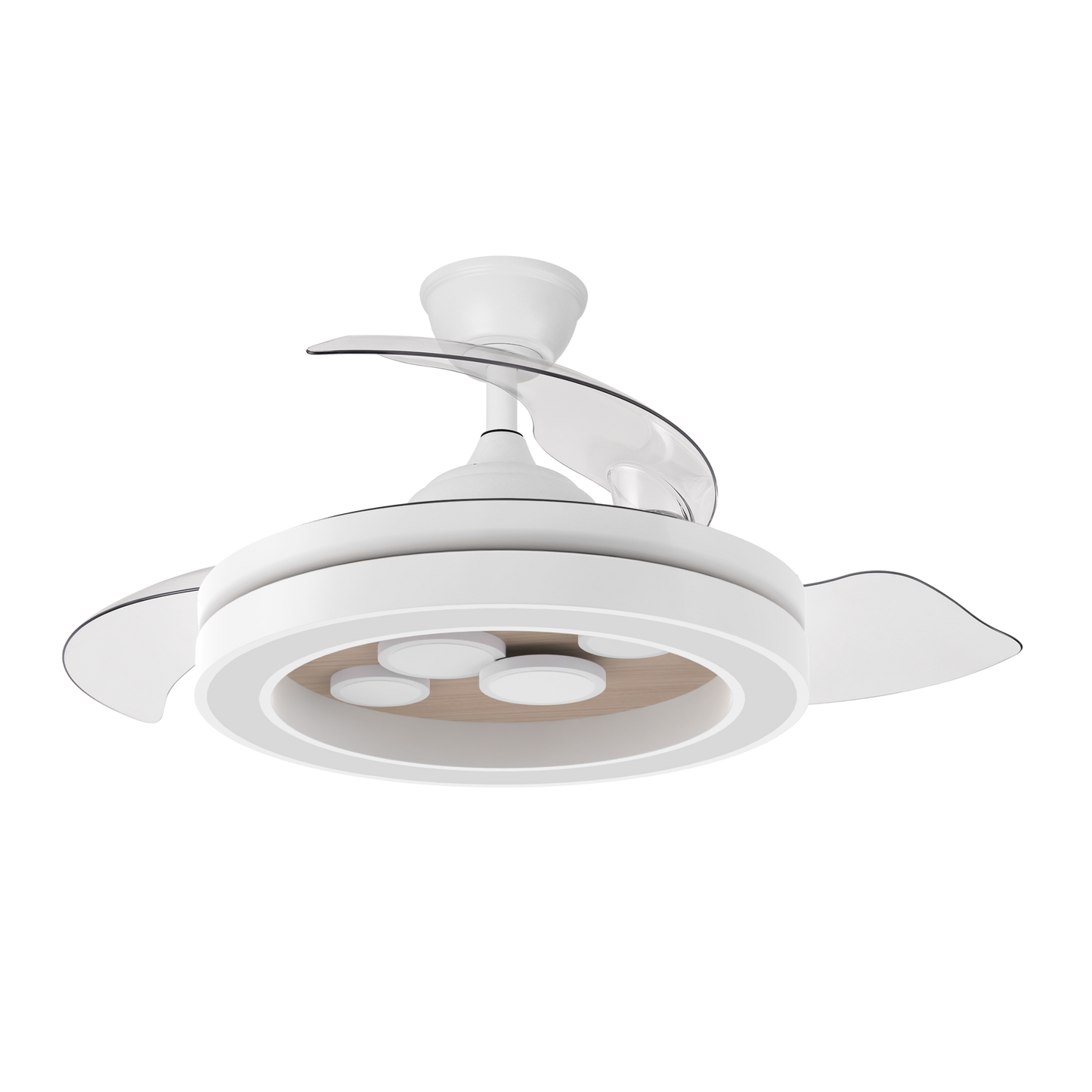 Ventilador DC Cupido 59W Blanco/Haya, vista frontal con aspas desplegadas