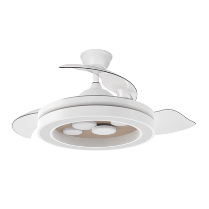 Ventilador DC Cupido 59W Blanco/Haya, vista frontal con aspas desplegadas