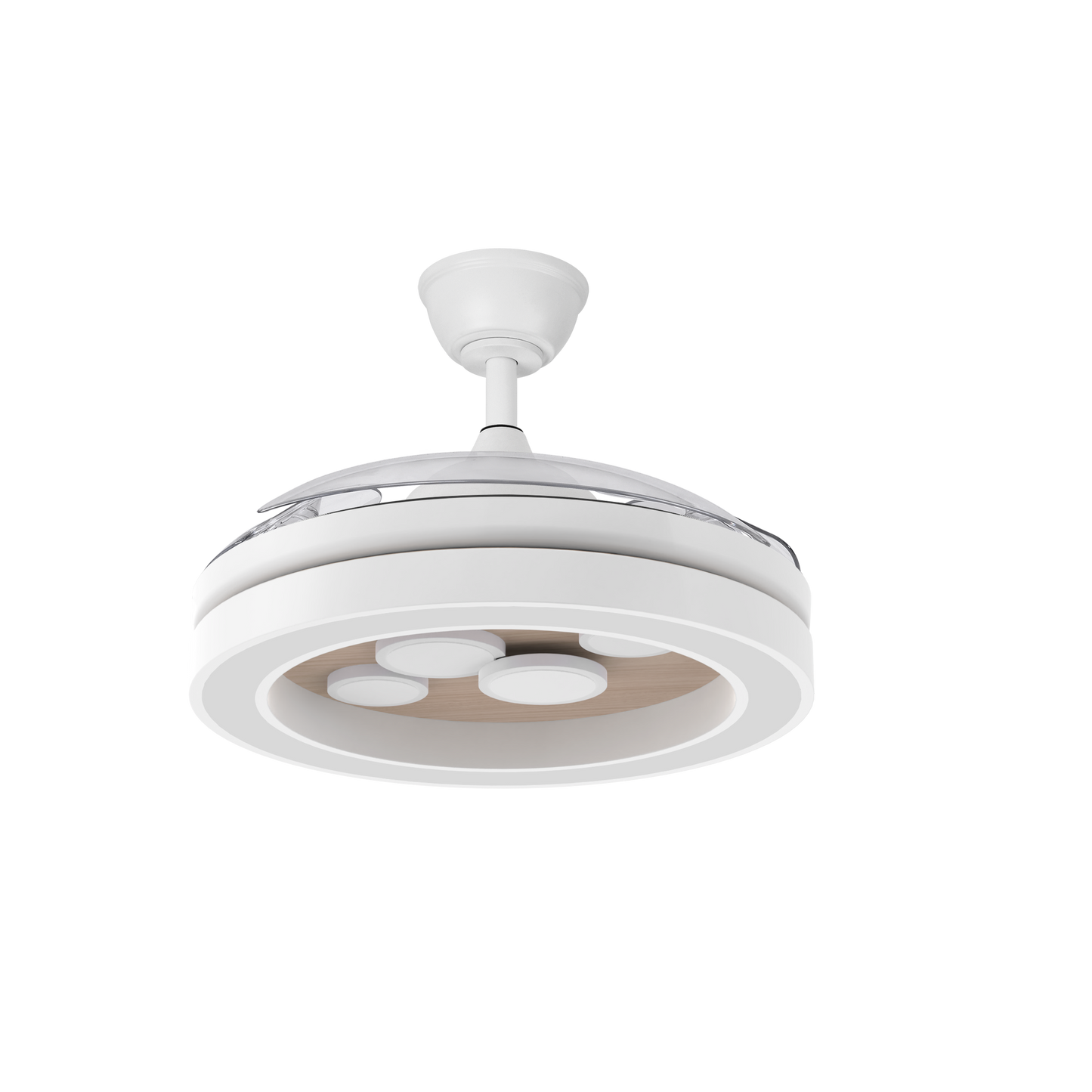 Ventilador DC Cupido 59W Blanco/Haya, vista frontal con aspas desplegadas