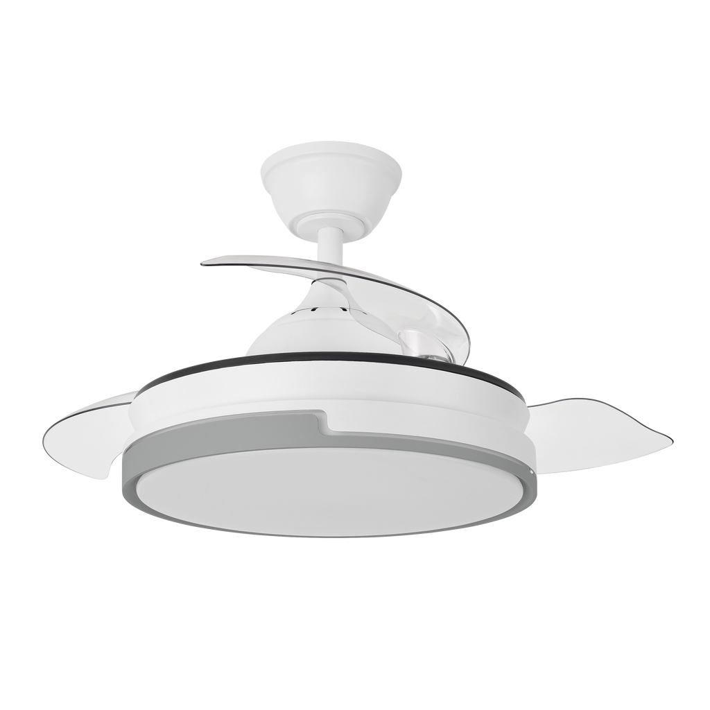 Ventilador Papiro Mini 59W Blanco/Gris, vista frontal con aspas plegadas