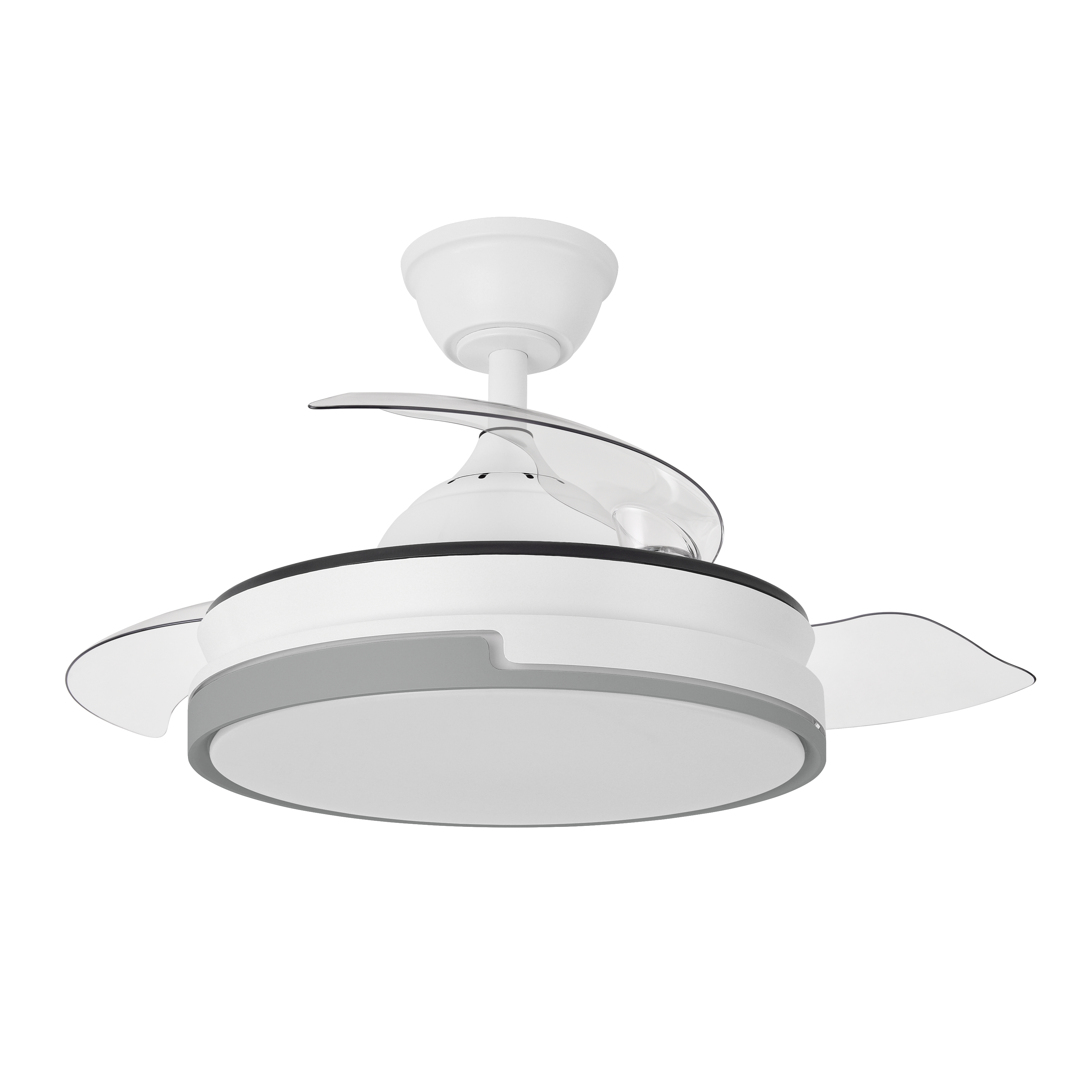 Ventilador Papiro Mini 59W Blanco/Gris, vista frontal con aspas plegadas