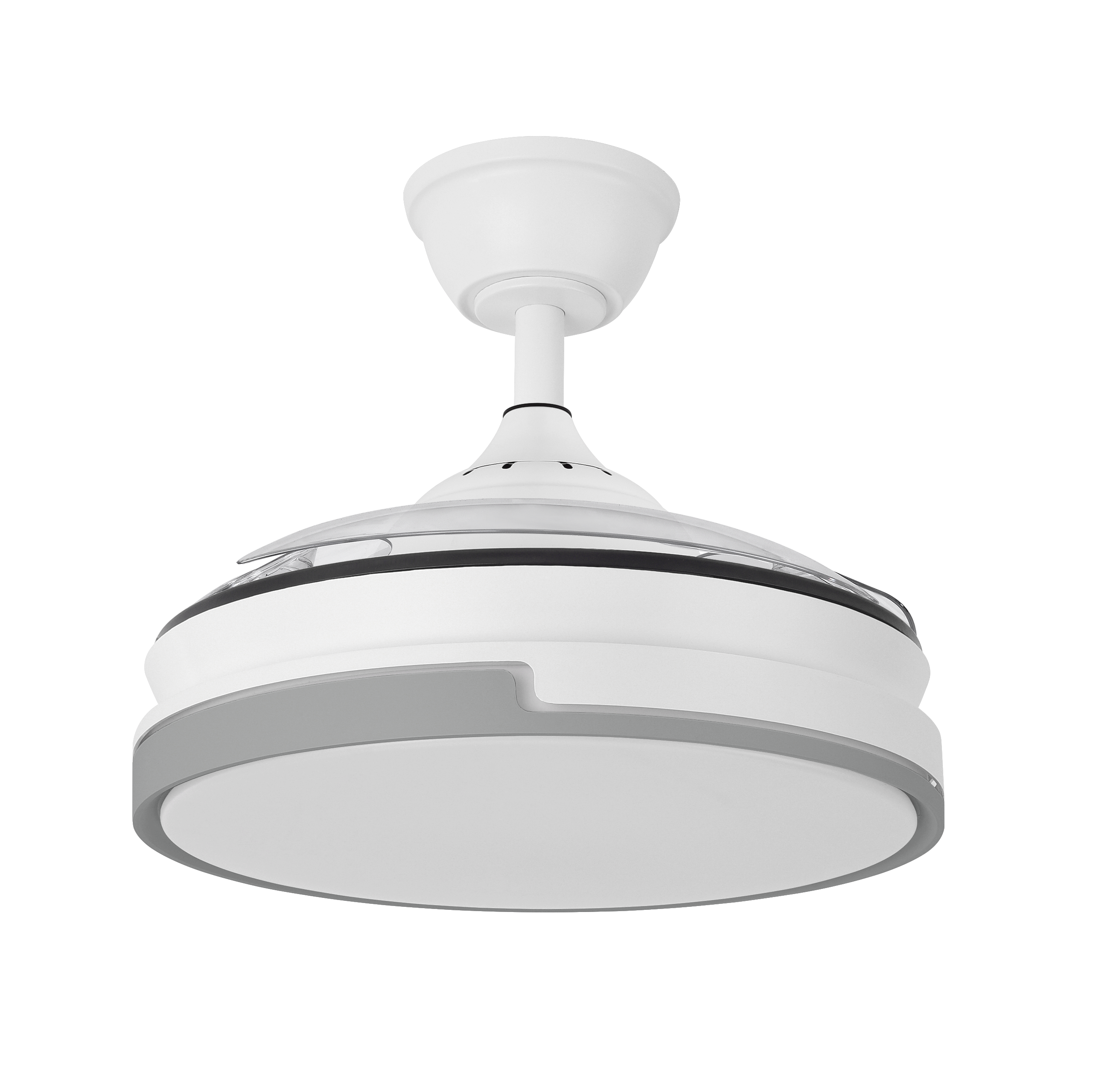 Ventilador Papiro Mini 59W Blanco/Gris, vista frontal con aspas plegadas