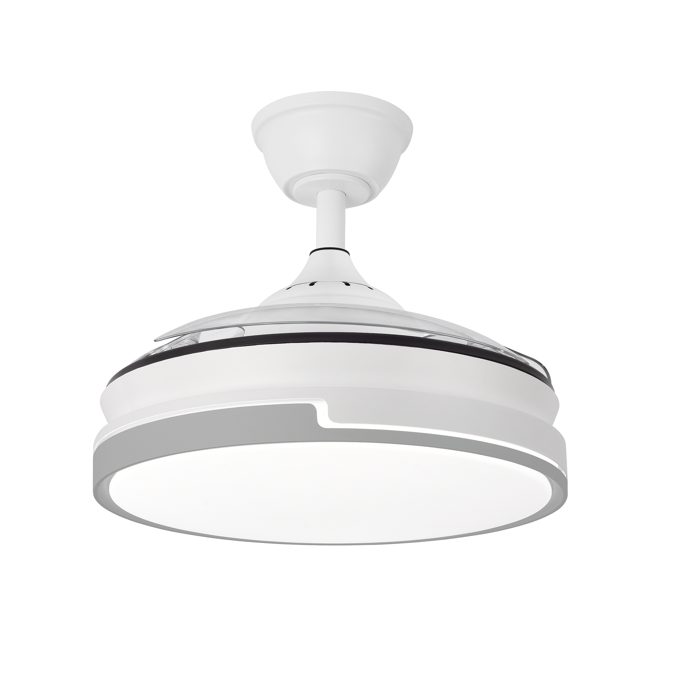 Ventilador Papiro Mini 59W Blanco/Gris, vista frontal con aspas plegadas