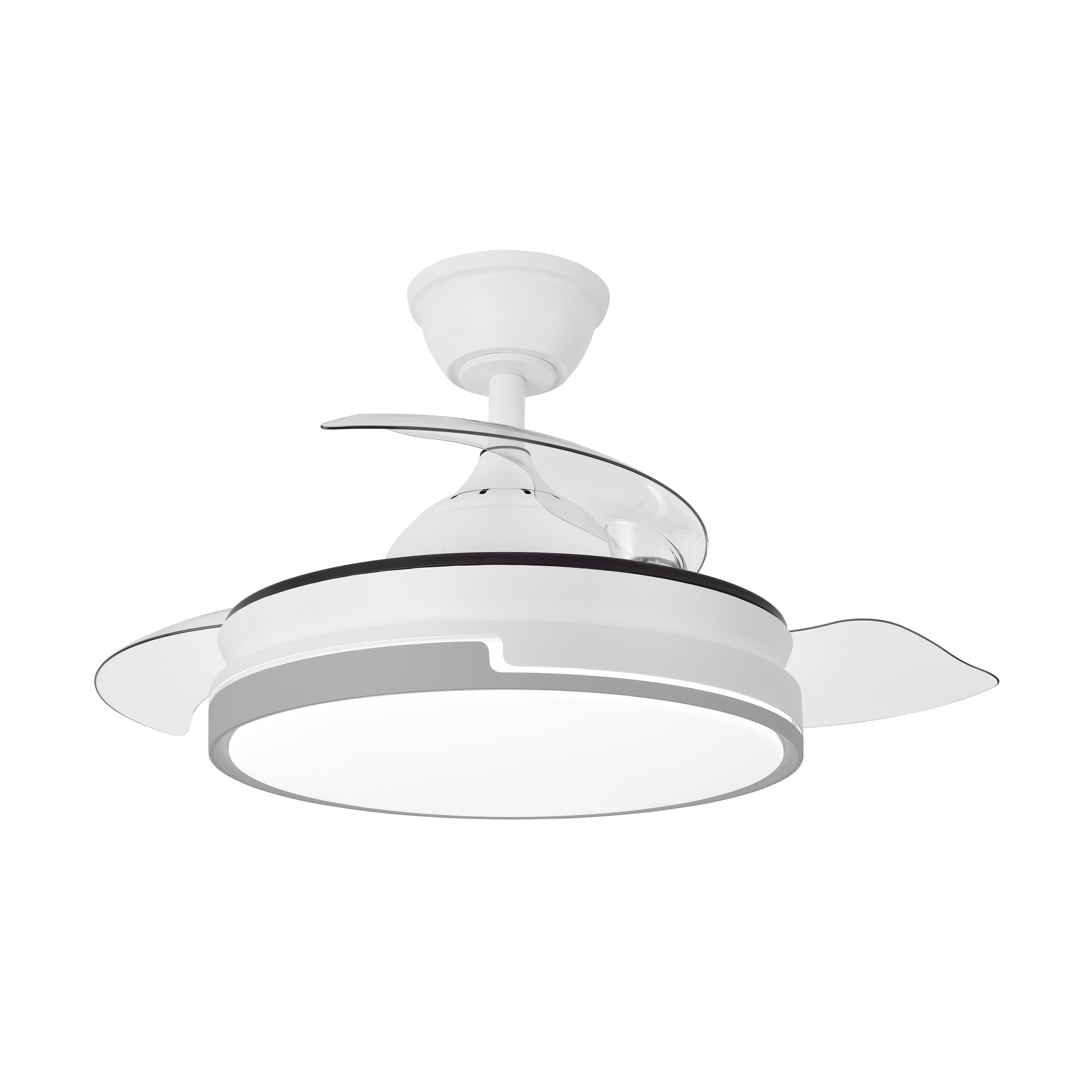 Ventilador Papiro Mini 59W Blanco/Gris, vista frontal con aspas plegadas