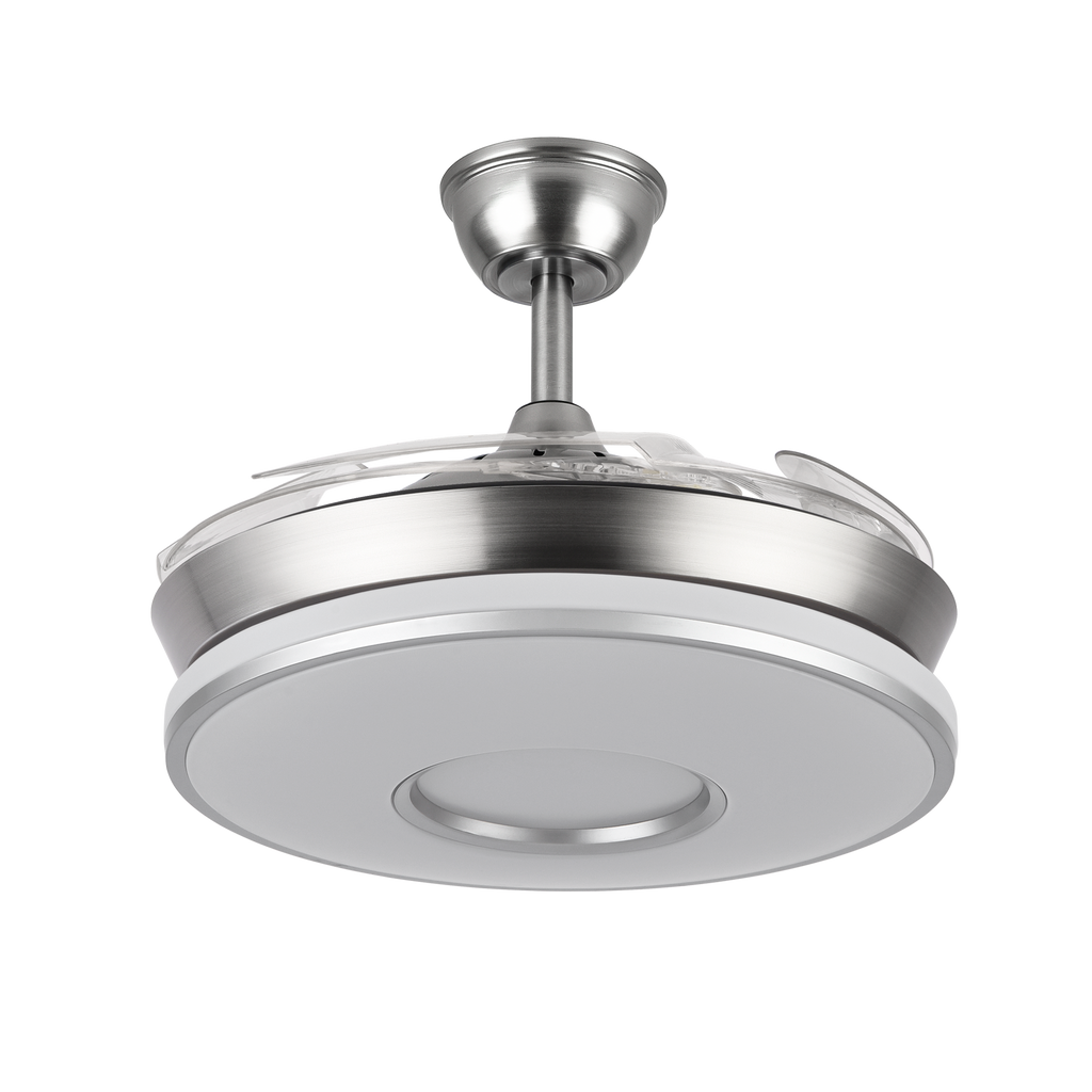 Ventilador DC Dani 59W Níquel con 4 aspas, 6 velocidades y mando a distancia. Fabrilamp.