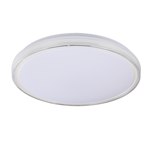 Plafón Nevado fabricado en metal y policarbonato color blanco, con luz LED regulable.