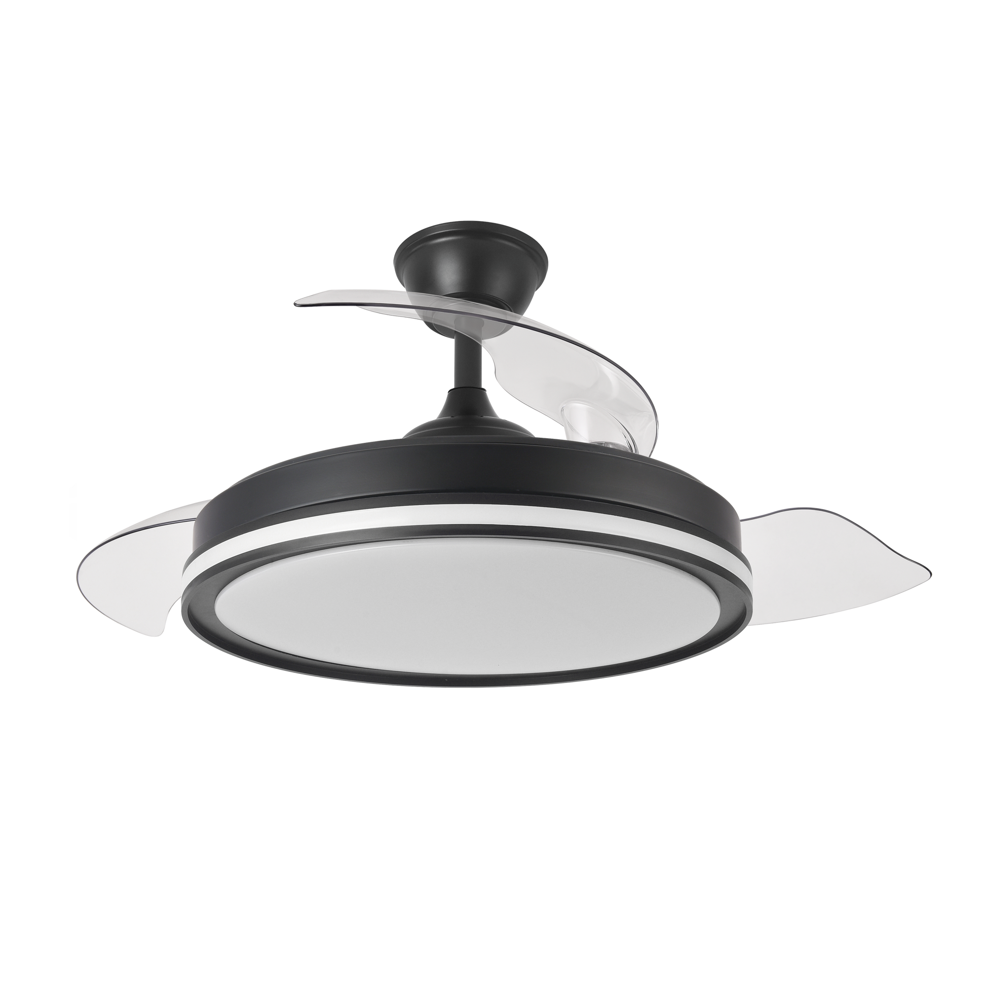 Ventilador de techo negro con aspas transparentes y luz RGB