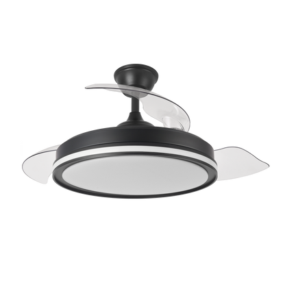 Ventilador de techo negro con aspas transparentes y luz RGB