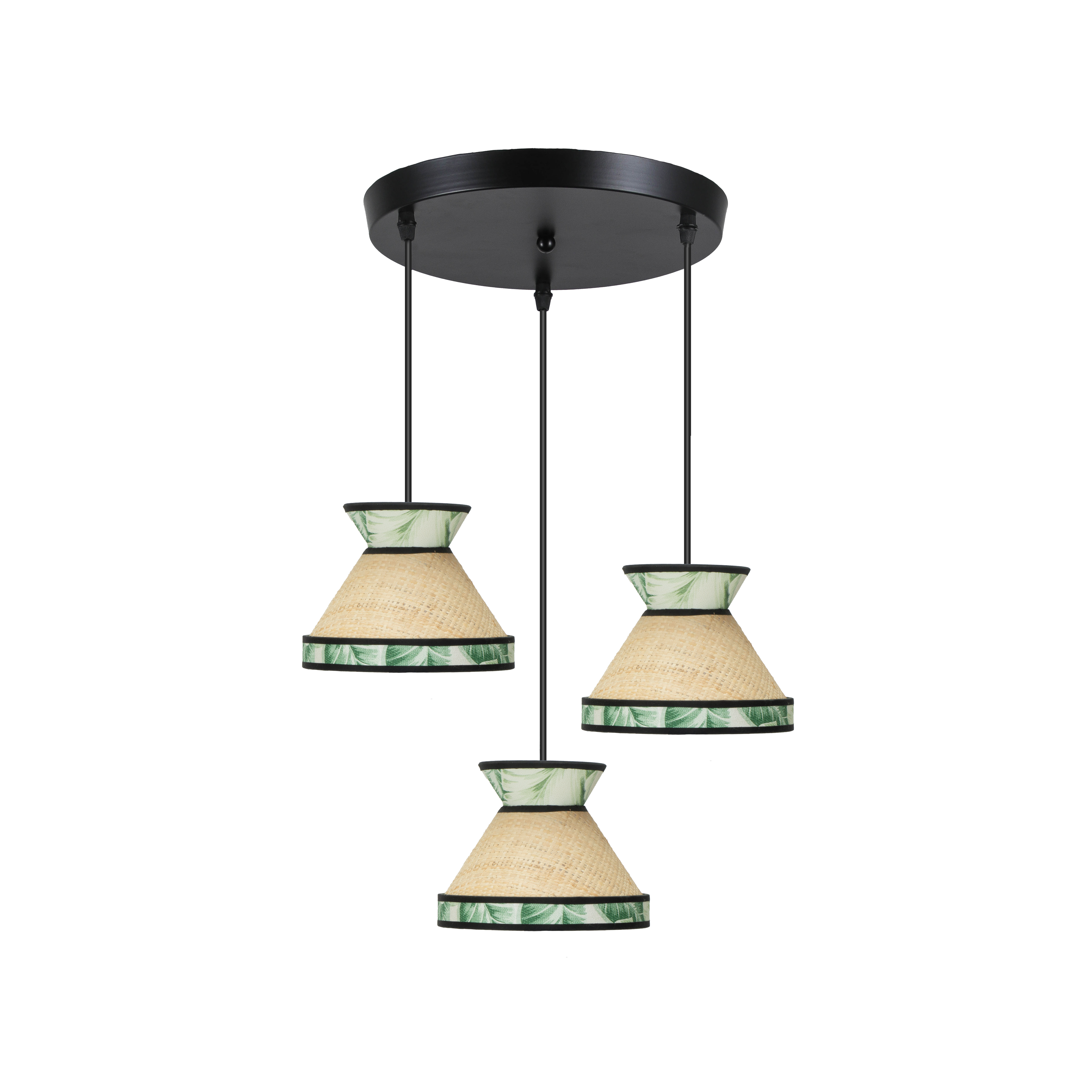 Plafón Constantinopla fabricado en metal negro y textil beis, negro y verde