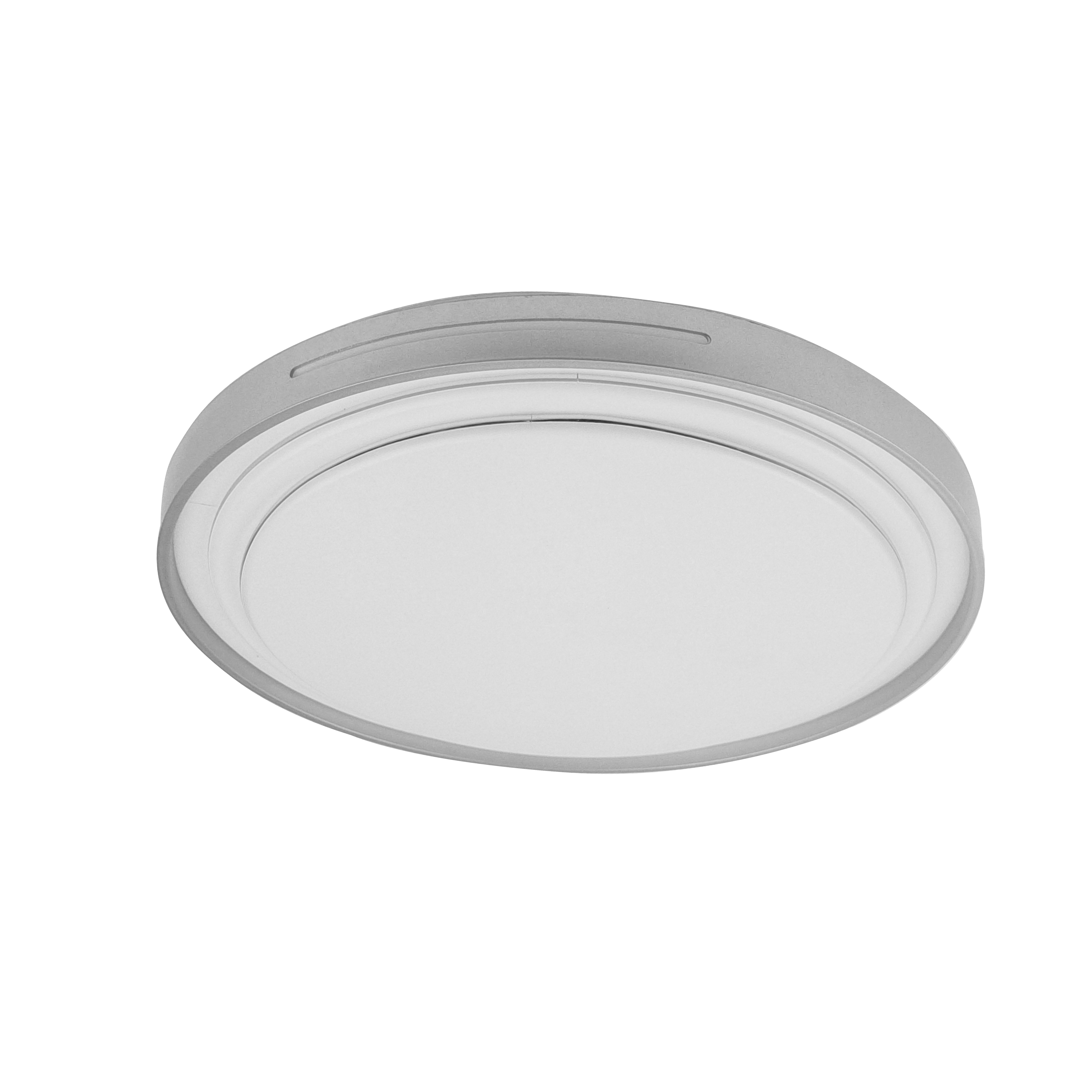 Plafón Argus fabricado en metal color plata con difusor blanco