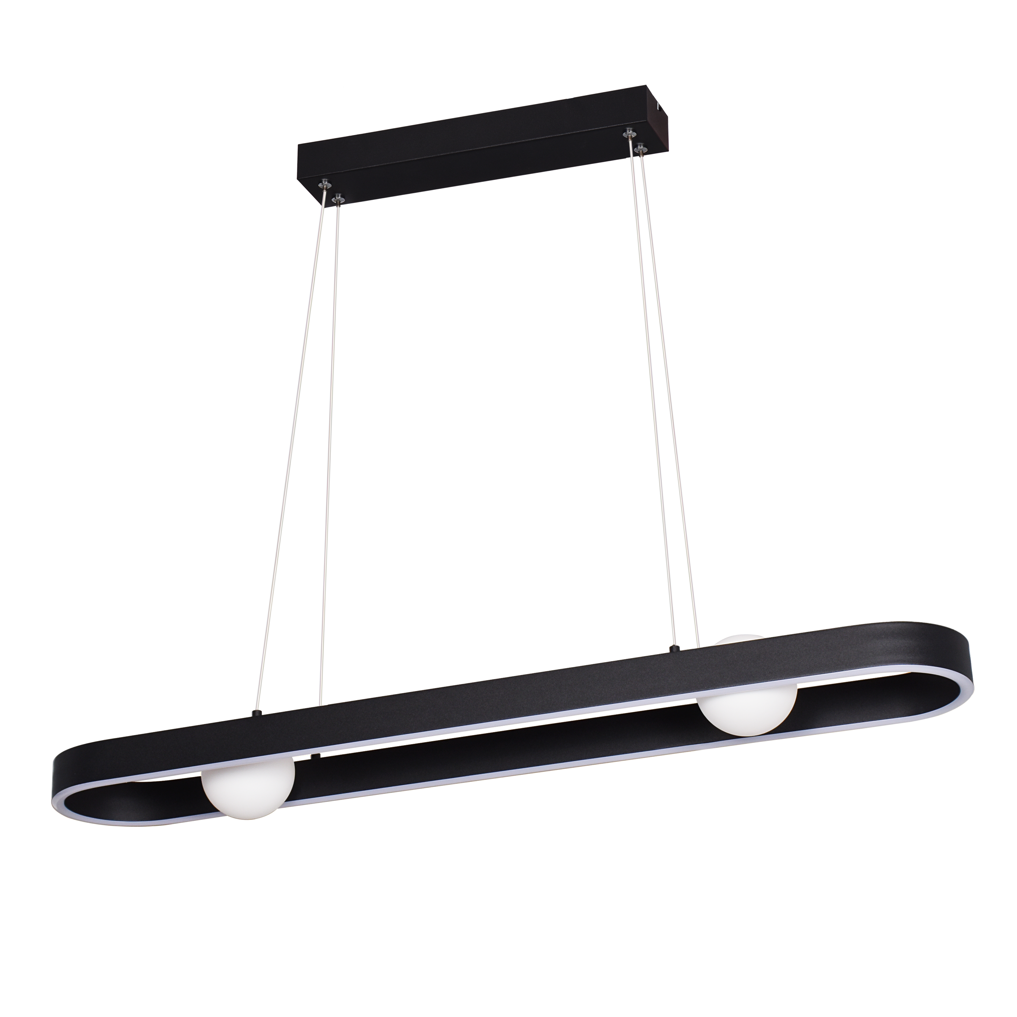 Lámpara colgante Fermoselle fabricada en aluminio negro con detalles en metal, acrílico y cristal blanco
