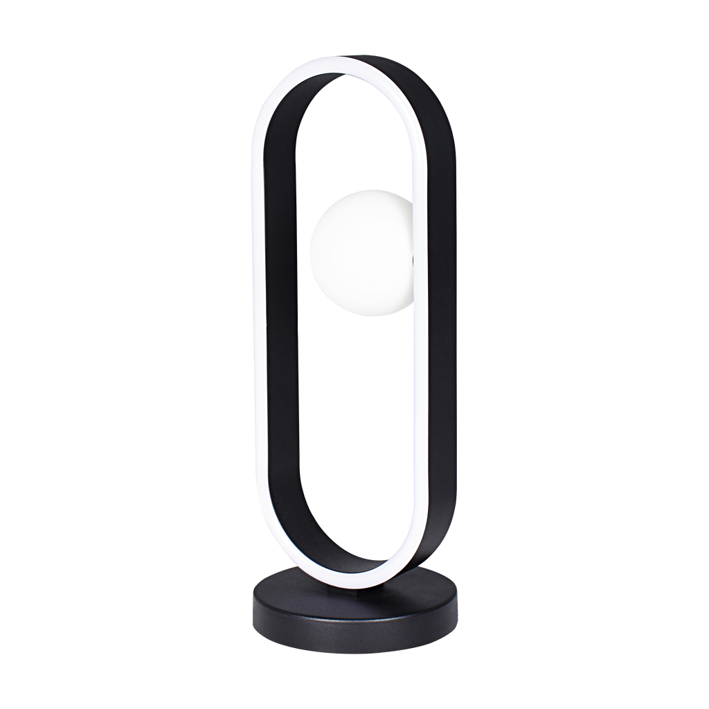 Sobremesa Fermoselle fabricado en aluminio y metal color negro con tulipa de cristal