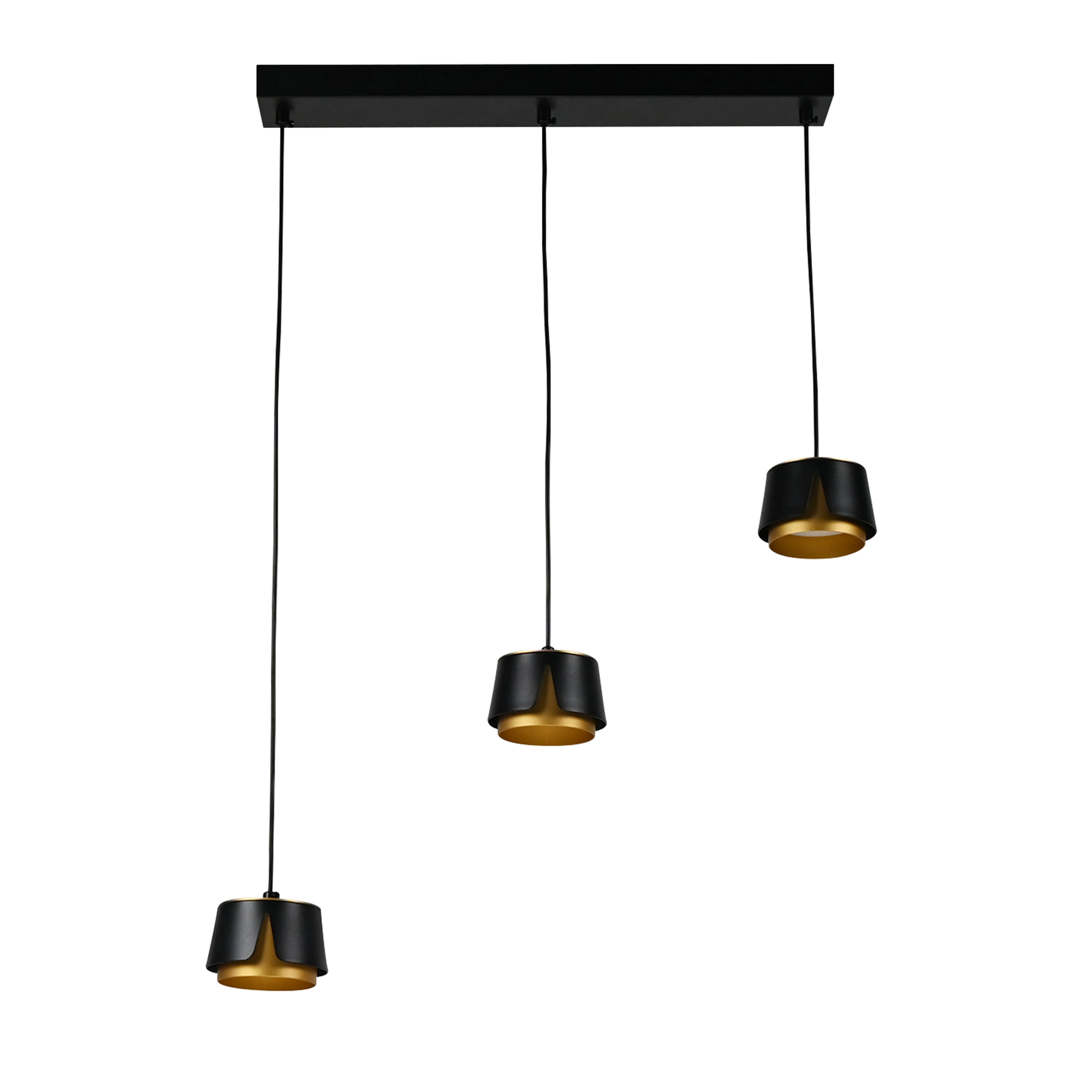 Regleta Domenica fabricada en metal negro y aluminio color oro con 2400 lúmenes