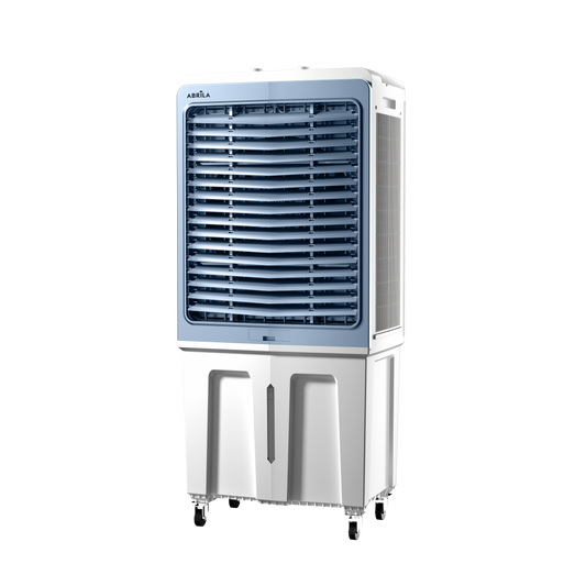 Climatizador Pilatus fabricado en metal color blanco y azul, ideal para interiores.