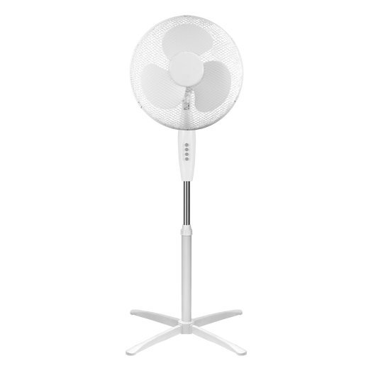 Ventilador fabricado en metal color blanco con aspas de policarbonato