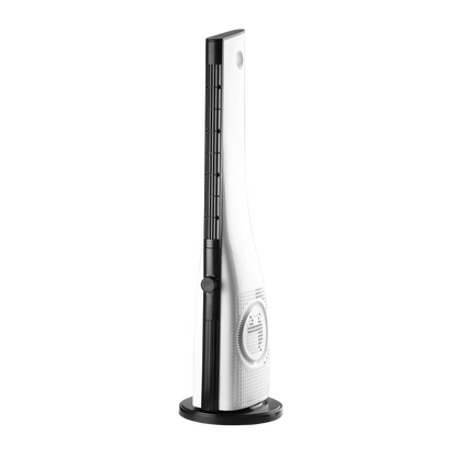 Ventilador de torre Cebreros Fabrilamp / Abrila fabricado en metal y ABS, color blanco y negro.