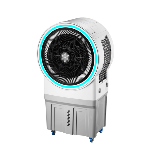 Climatizador MIERES fabricado en metal color blanco/gris, con detalles en ABS y policarbonato