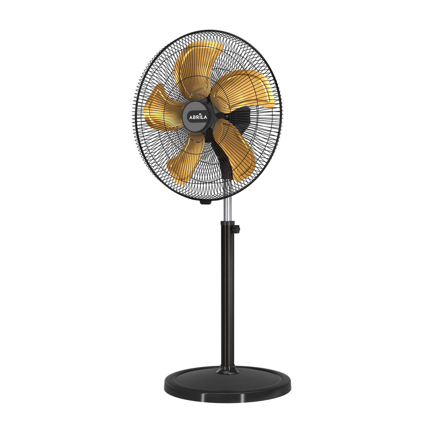 Ventilador de pie fabricado en metal color negro y aspas color oro mate