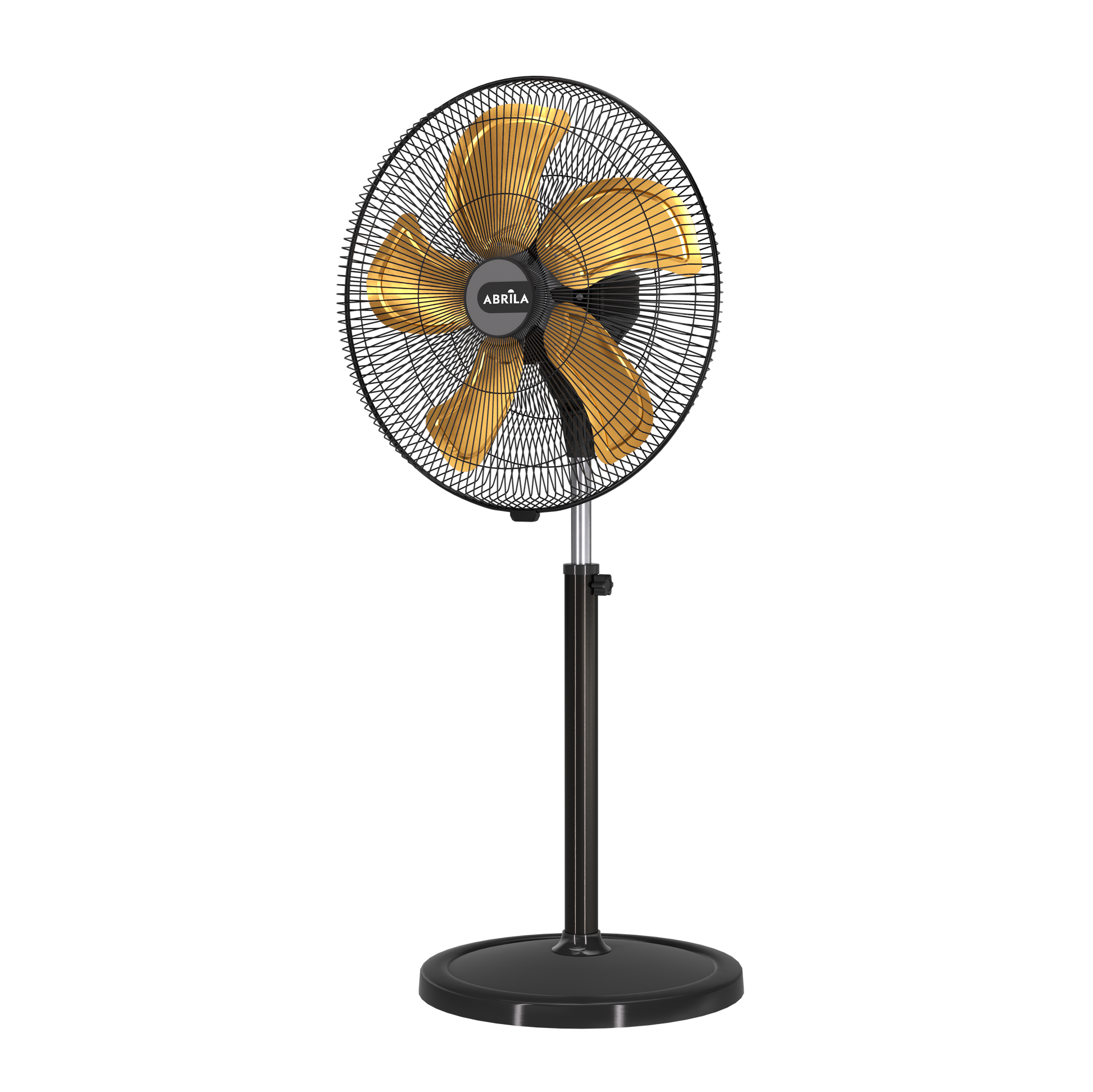 Ventilador de pie fabricado en metal color negro y aspas color oro mate