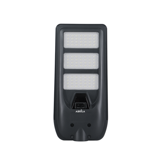 Farola LED Solar BAZAN 200W Fabrilamp gris con panel solar integrado, vista lateral