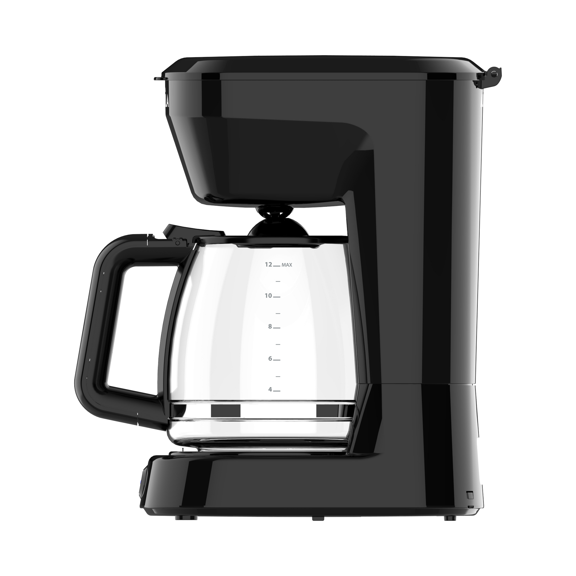 Cafetera PECAS con la tapa abierta, mostrando el compartimento del filtro