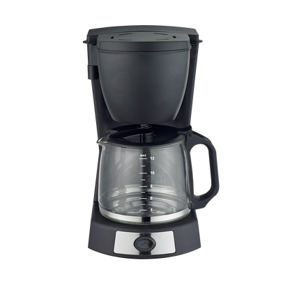 Cafetera de Goteo VALKIRIA de Fabrilamp en color negro con jarra de cristal llena de café recién hecho