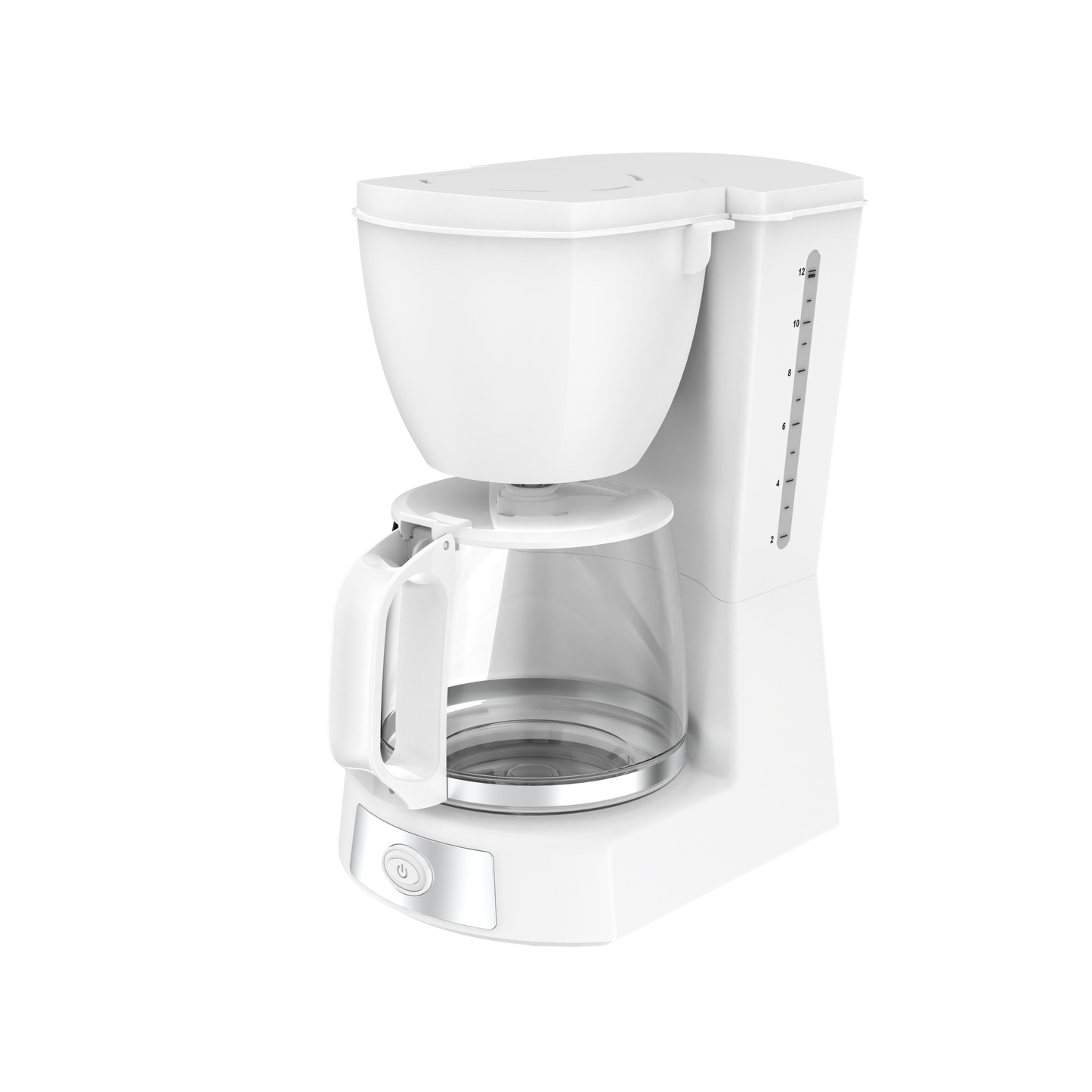 Cafetera de goteo VALKIRIA blanca Fabrilamp, vista superior con tapa abierta y filtro