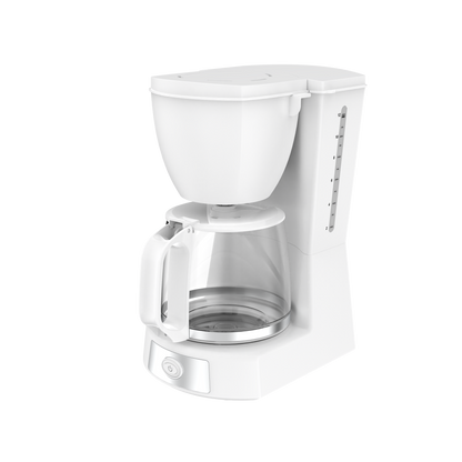 Cafetera de goteo VALKIRIA blanca Fabrilamp, vista superior con tapa abierta y filtro