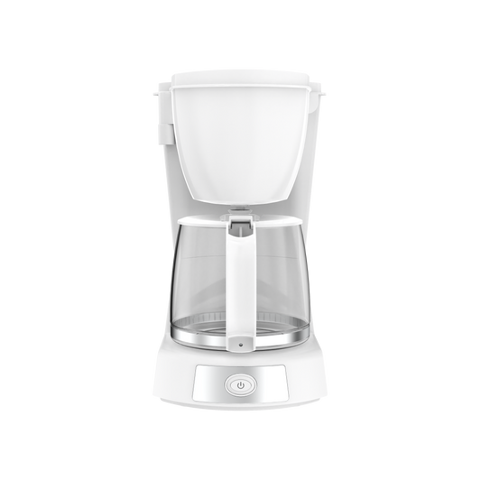 Cafetera de goteo VALKIRIA blanca Fabrilamp, vista frontal con jarra de cristal