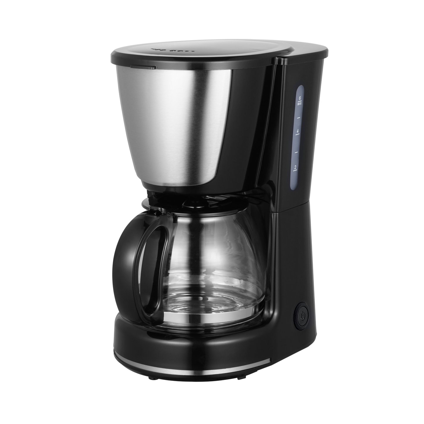 Cafetera WANDA negra de Fabrilamp vista frontal con jarra de café y detalles en acero inoxidable