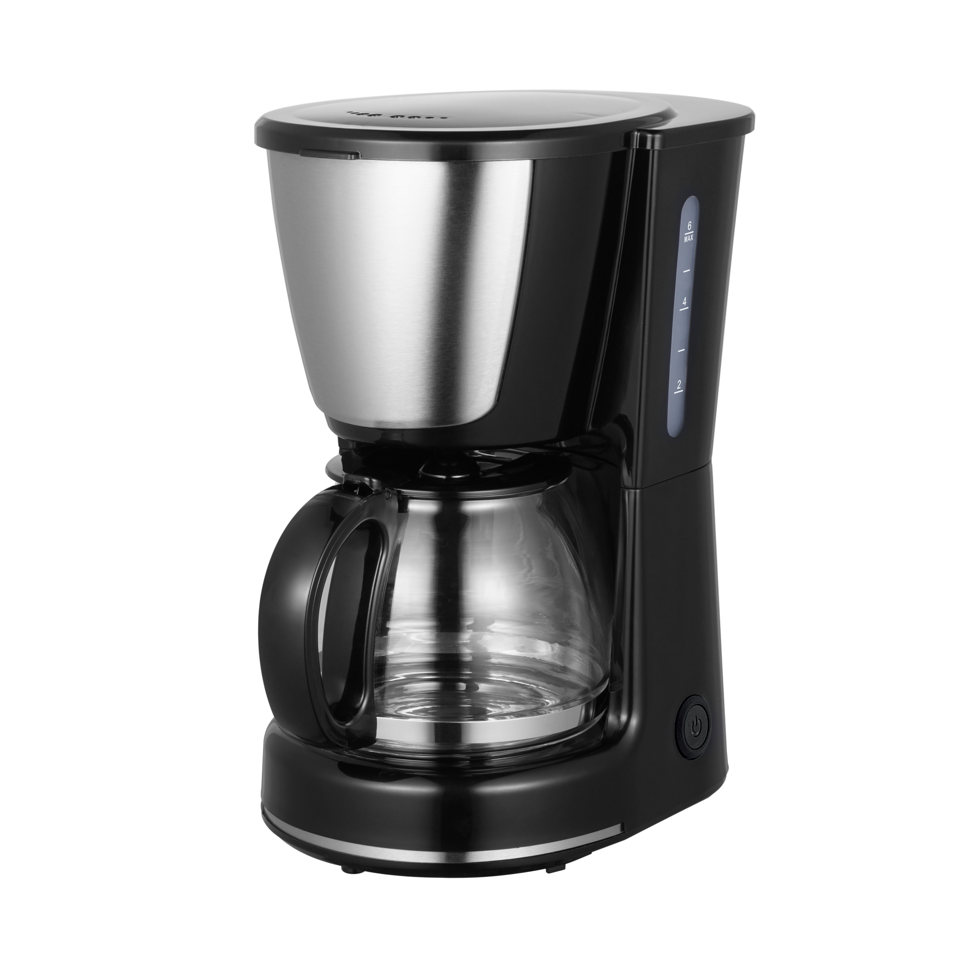 Cafetera WANDA negra de Fabrilamp vista frontal con jarra de café y detalles en acero inoxidable