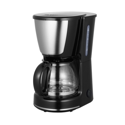 Cafetera WANDA negra de Fabrilamp vista frontal con jarra de café y detalles en acero inoxidable
