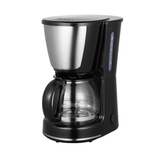 Cafetera WANDA negra de Fabrilamp vista frontal con jarra de café y detalles en acero inoxidable