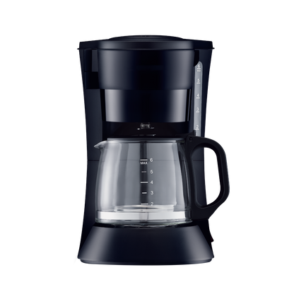 Cafetera XENA negra de Fabrilamp / Abrila vista frontal con jarra de cristal y visor de agua