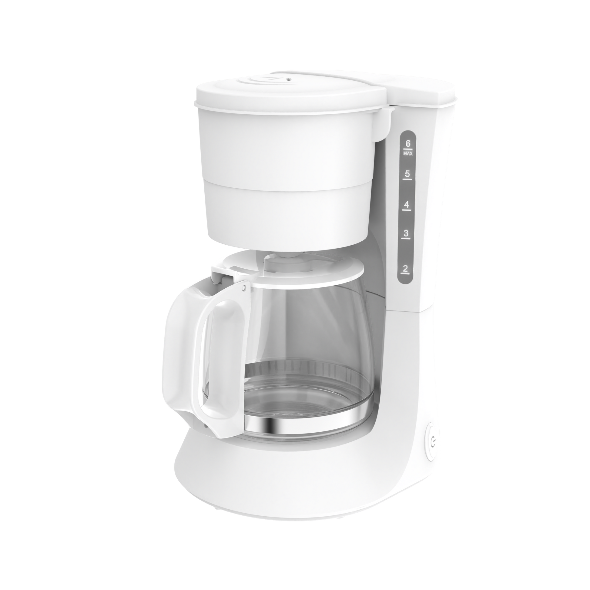 Cafetera de goteo XENA blanca vista frontal con jarra de cristal llena de café
