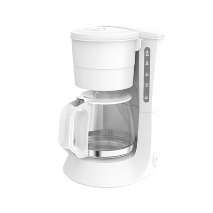 Cafetera de goteo XENA blanca vista frontal con jarra de cristal llena de café